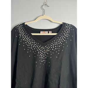 Quacker Factory Womens V Neck Embellished 3/4 Sleeve Cotton Tunic Black 2X